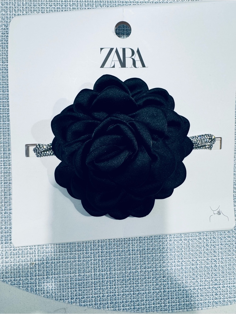 ZARA Black Floral Satin Hair Clip with Rhinestone Bar